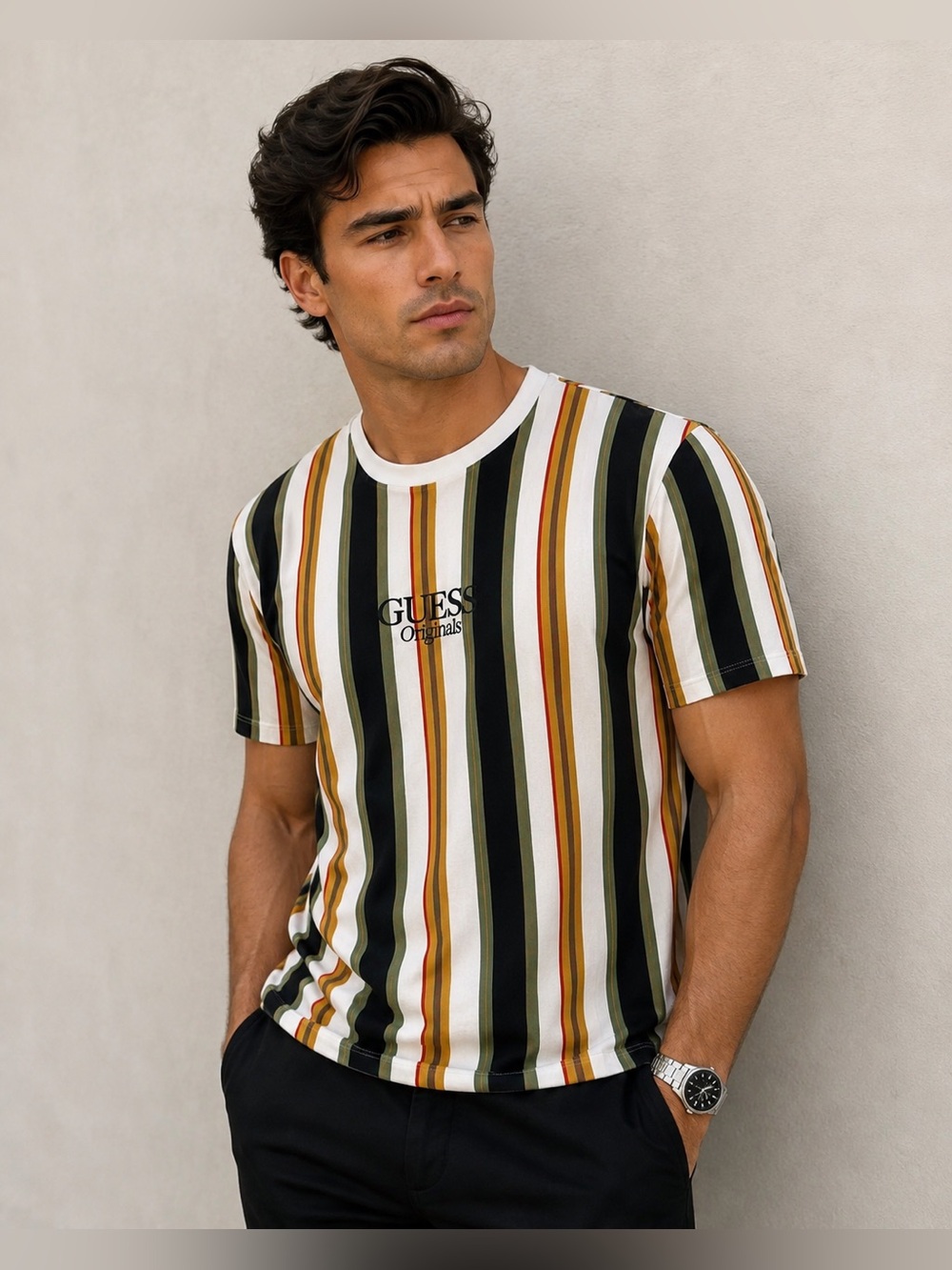 Guess Originals Men's Vertical Stripe Tee in White, Black, Olive & Tan Size M - Picture 1 of 7